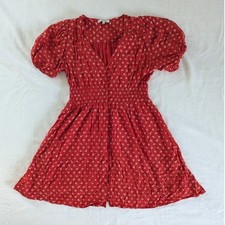 Madewell Red Floral Smocked Waist Button Front Puff Sleeve Mini Dress Women's M
