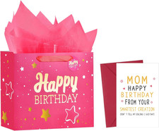 13" Pink Happy Birthday Gift Bag with Tissue Paper and Greeting Card for Party,H