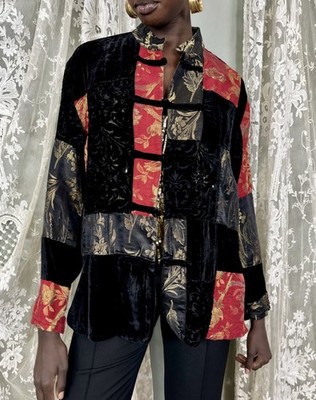 VTG ASIAN VELVET RED Silk Patchwork Burnout Blazer Jacket Artsy Maximalist Sz S