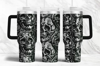   40oz Stanley Styled Skull Becher mit Griff & Strohhalm Gothic Travel Mug