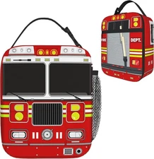 Fire Truck Kids Lunch Box, Insulated, Pockets, Leakproof Thermal Cooler, Bag