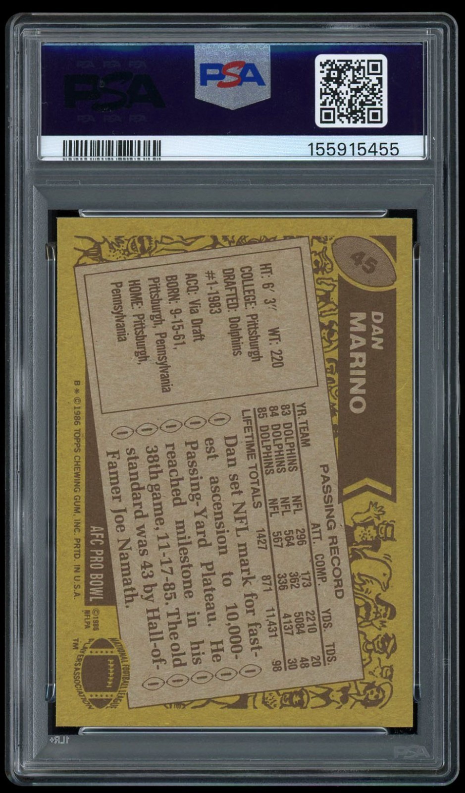 Dan Marino 1986 Topps 45 PSA 9 MINT view 2