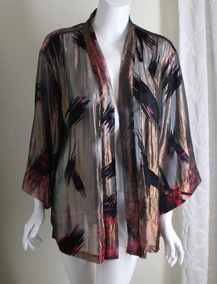 Chico's sz 2 3 L XL Copper Lame Gorgeous Kimono Open Jacket Asian Japanese