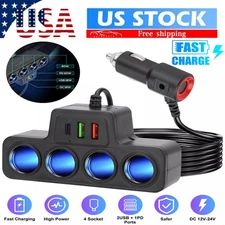 4 Way Car Cigarette Lighter Socket Splitter USB Fast Charger Power Adapter 12V