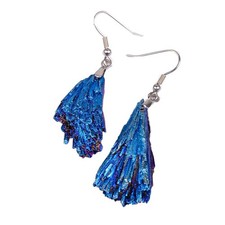 Natural Electroplated Black Tourmaline Blue Feather Earrings Crystal Jewelry
