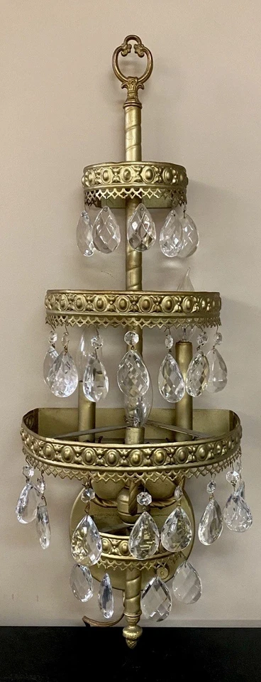 Vintage Large RARE Brass & Prisms 4 Tier Lighted Wall Fixture/Sconce-3 Bulbs - Image 2 of 4