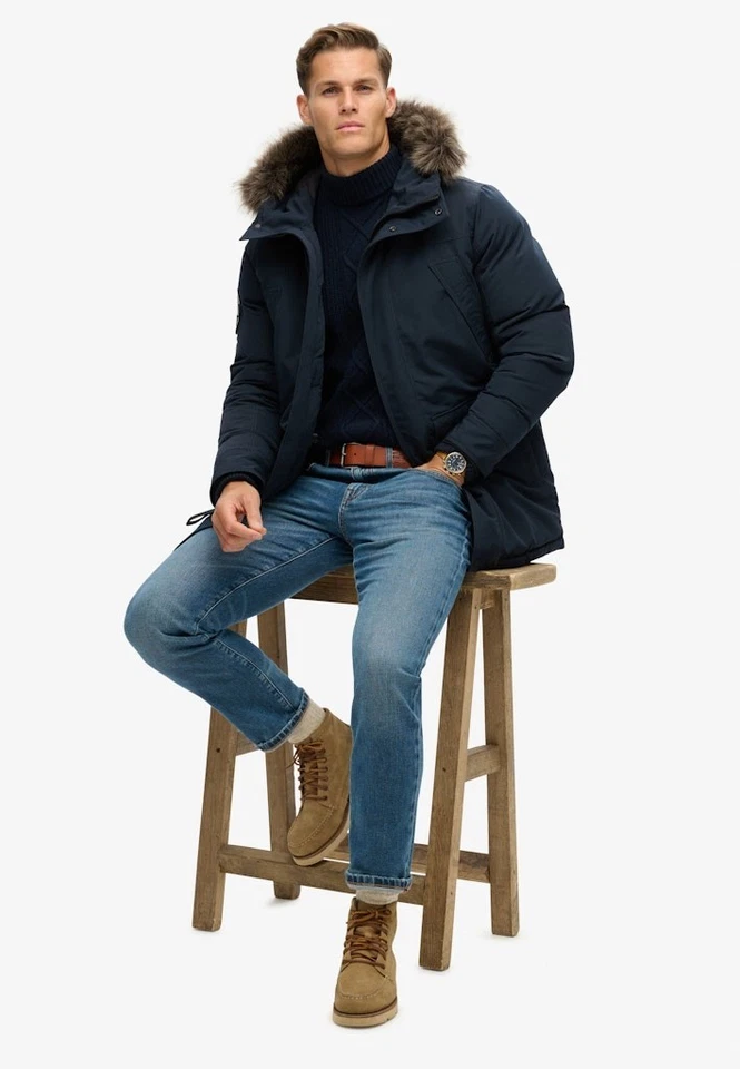Superdry Parka Jacket Hooded Padded Winter Coat Faux Fur Hood Everest Blue Navy - Image 4 of 4