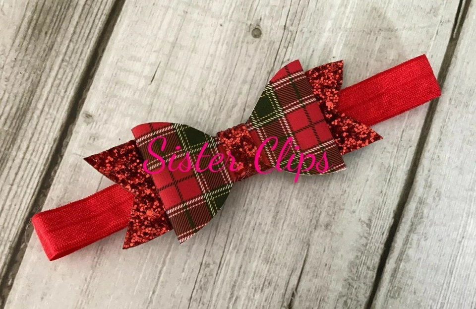 SISTER CLIPS Baby Girls glitter Christmas tartan Red bow Soft headband