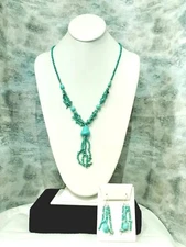Dainty Turquoise Necklace 12"L Earrings 2" 1/2 L Silver Tone Beads  Ma5