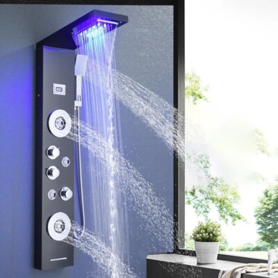 Black LED Shower Panel Tower Rain Waterfall Massage Shower System Set Spray Jet