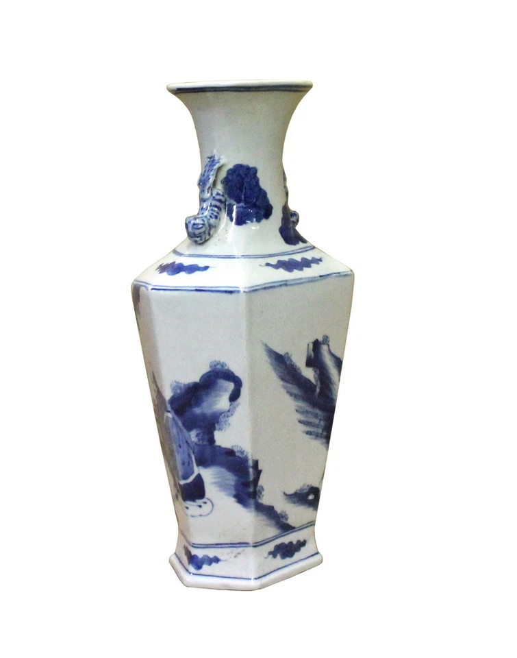 Chinese Blue White Porcelain Rhomboid Hexagon Scenery Vase cs4104 - Image 4 of 4