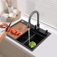 Black Flushmount Workstation Kitchen Sink Single Bowl w/ 360° Rotatable Faucet