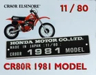 HONDA CR80R 1981 MODEL 11/80 ID TAG PLATE USA ALU PLATE