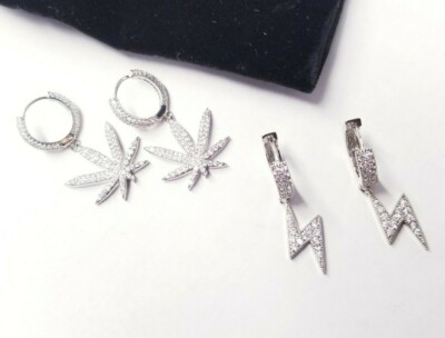 2 Set - Helloice Iced Eclair & Leaf Dangling Huggies Earrings 18K White Gold CZ 