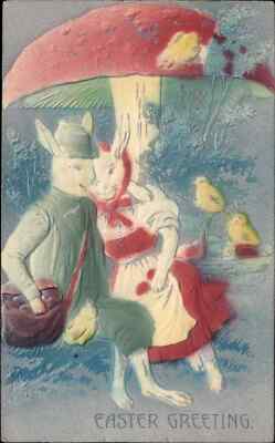 Easter Fantasy Dressed Rabbits Husband and Wife Airbrushed c1910 Postcard