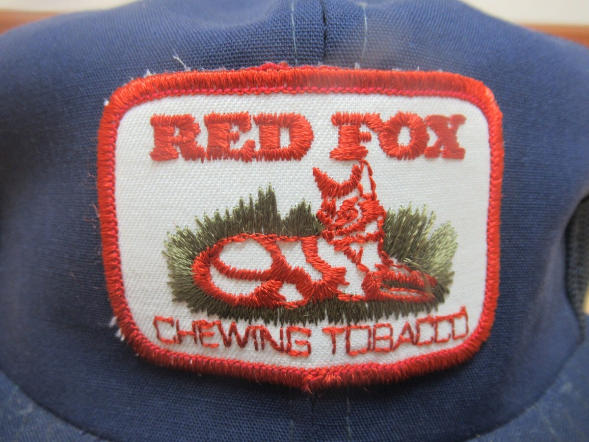 VINTAGE Red Fox Chewing Tobacco Patch Hat Snapback Blue Mesh Trucker Style