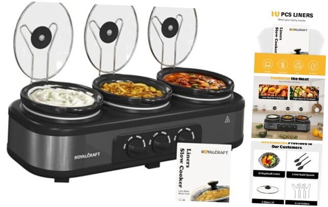 Slow Cooker with 10 Cooking Liners, Triple Slow Cooker Buffet Server 3 Grey