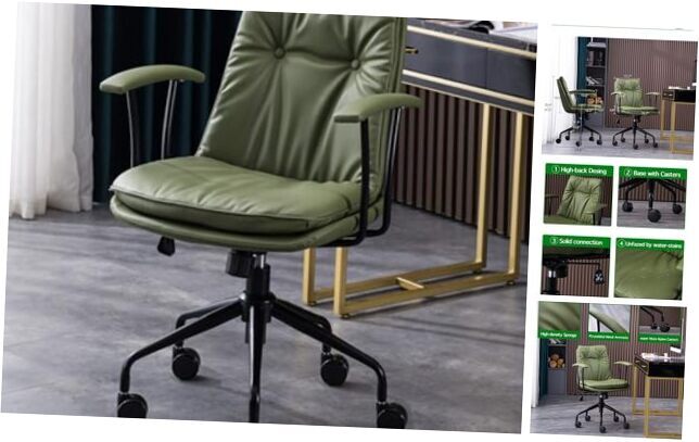 Modern Office Desk Chair,Vanity Chair with Padded Green-leather-black-base