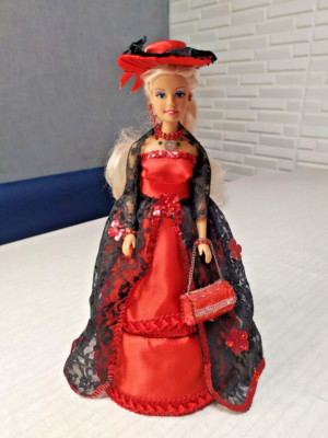 Handmade Victorian Style Doll Jewelry Box - 12'' Decorative Figurine Red & Black