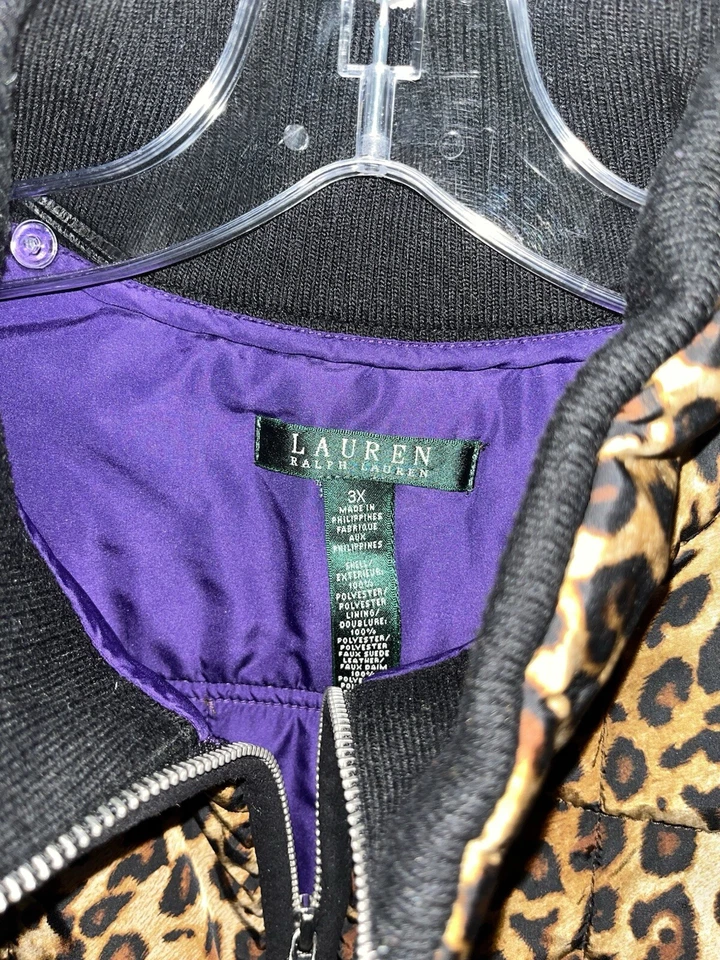 Chaleco acolchado acolchado con estampado de leopardo Lauren Ralph Lauren para mujer talla: 3X Foto 3 de 4