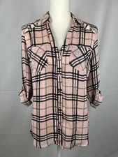 Candie’s Women’s Pink Plaid Button Down Blouse Roll Tab Sleeves Size M