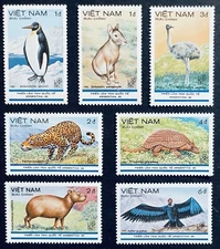 VIET NAM WILD ANIMALS STAMPS MNH 1985 ARGENTINA '85 PENGUIN JAGUAR HARE FAUNA