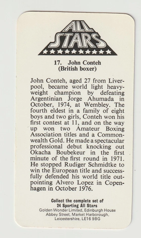 1979 Golden Wonder Sporting All-Stars John Conteh Boxing Card #17 Great Britain - Image 2 of 2