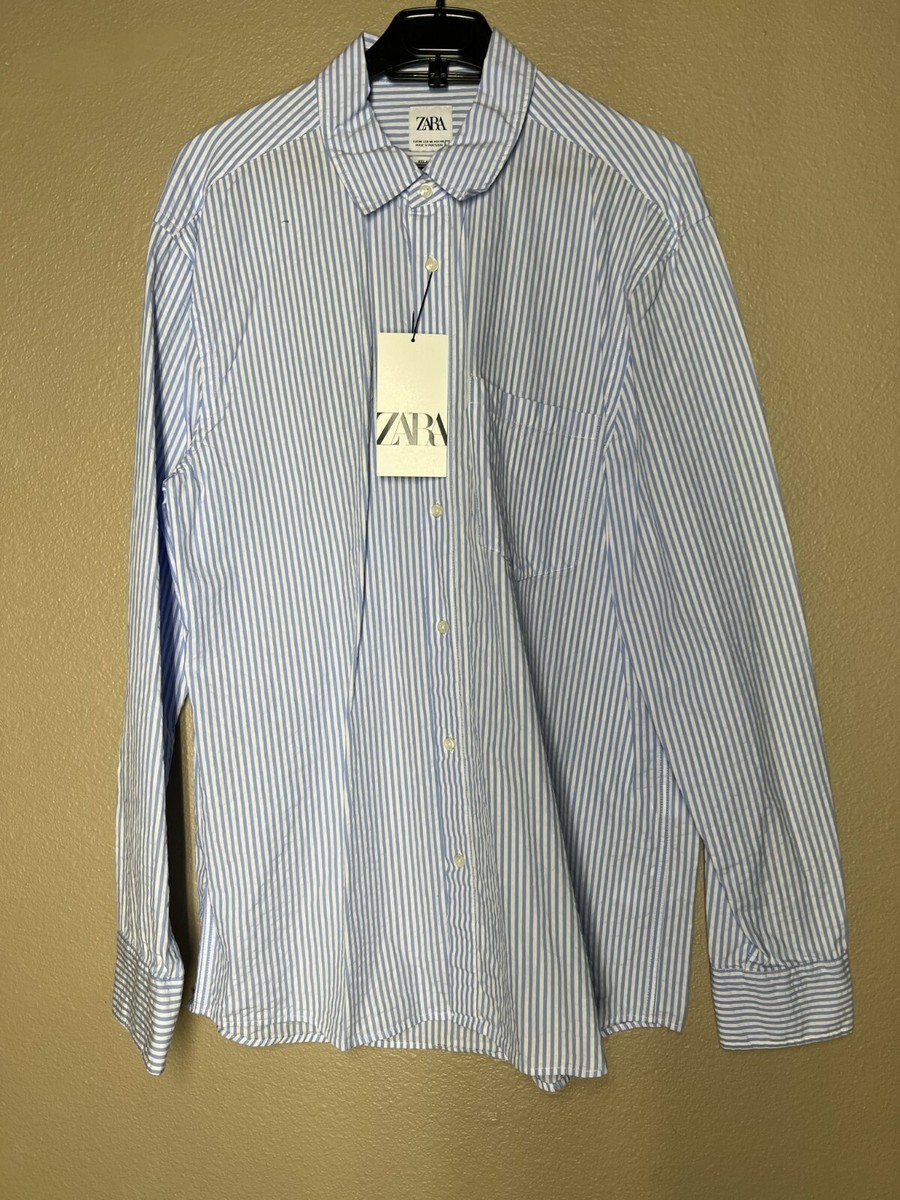 NWOT ZARA MEN BLUE WHITE STRIPED SHIRT Slim Fit Long Sleeve
