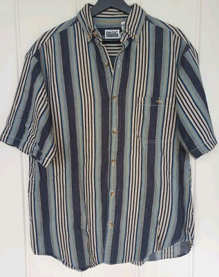 Vintage 90s BASIC EDITIONS Blue Striped Chambray Short Sleeve Shirt Size M