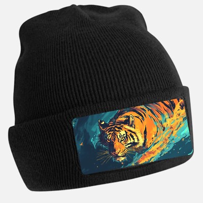 Black Cool Tiger Anime Print Beanie Hat - Unisex Cap, Cotton