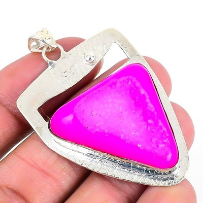 Natürlicher rosa Druzy neu Handarbeit Geburtstag Damen Geschenk Anhänger Schmuck 925 Silber