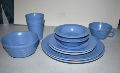 Vintage Hazel Atlas Children's Moderntone Dish Set Milk Glass Nine Piece BLUE