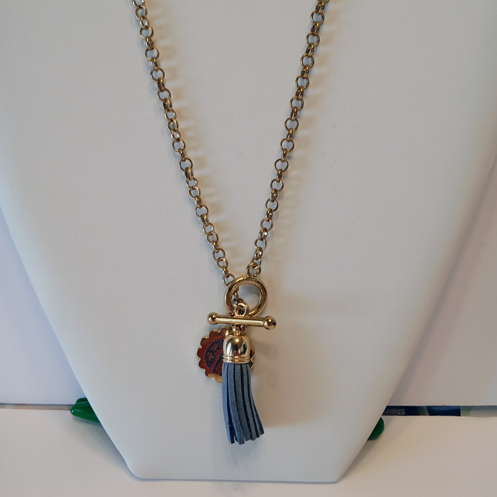 Statement 34" Bar/Ring Grey Leather Scalloped Dis… - image 2