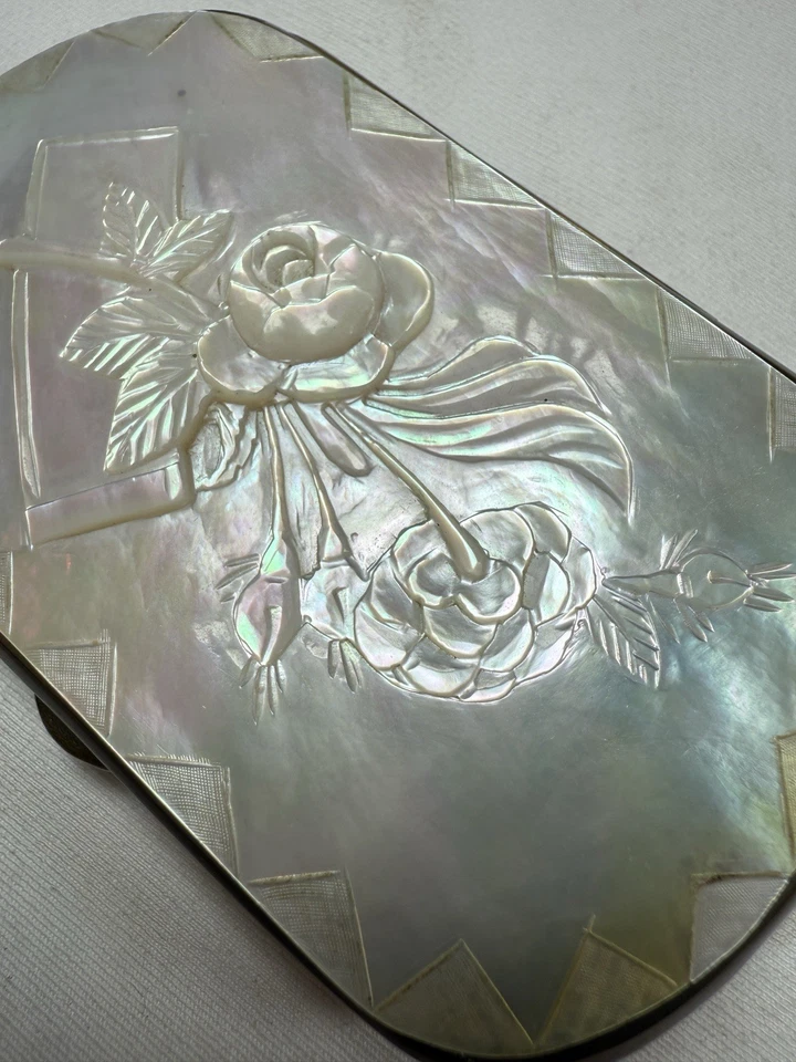 Antiguo monedero tallado madreperla camafeo rosa tarjeta de visita compacto 1800s Foto 4 de 4