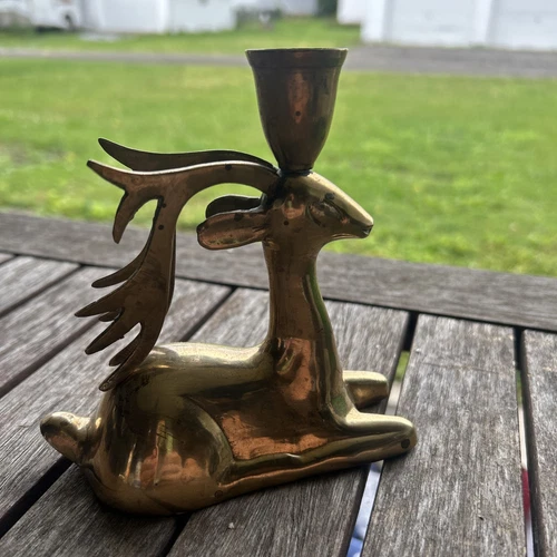 Solid Brass Christmas Reindeer Candlestick Candle Holder Patina