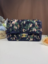 Chanel Medium Classic Flap Navy Satin Sequin Wool Gold HW Bag Auth
