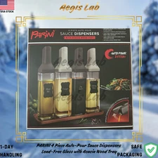 PARINI 4 Piece Auto-Pour Sauce Dispensers Lead-Free Glass with Acacia Wood Tray