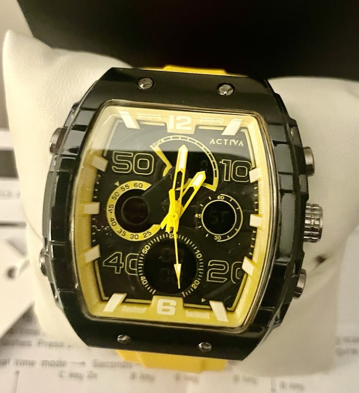 Activa Sport Unisex Quartz 44mm Analog-Digital Black Dial Yellow Strap, NEW