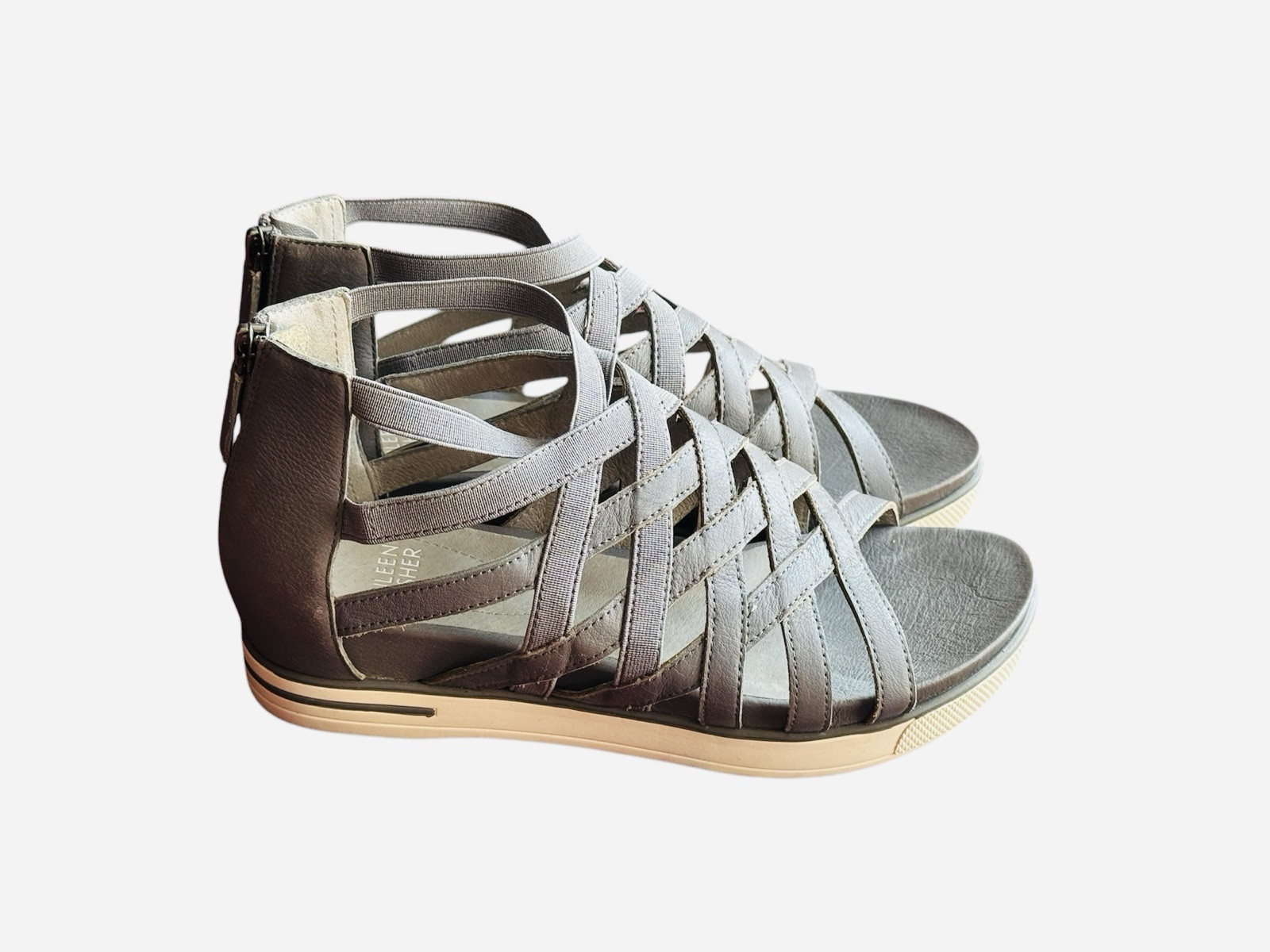 Eileen Fisher Womens Size 7.5 Gray Leather Gladiator Stretch Sandals