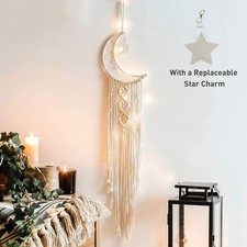 Boho Macrame Woven Wall Hanging, Crochet Crescent Moon Star Dream Catcher wit...