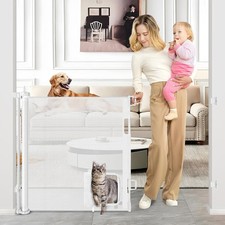 Retractable Baby Gate with Cat Door - 55" Wide Safety Gate for Kids  Pets