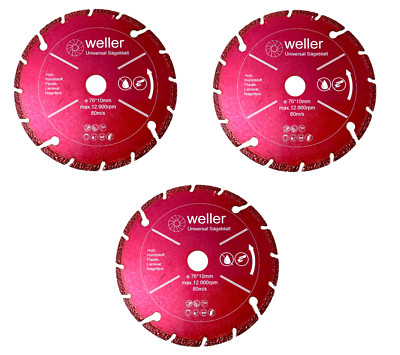 3x Sägeblatt Diamant für akku Winkelschleifer 10,8V 12V 76x10mm GWS pwsa 12 li