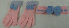 Winter Gloves Pink Blue Hearts Headpiece Knit Ribbon Bow