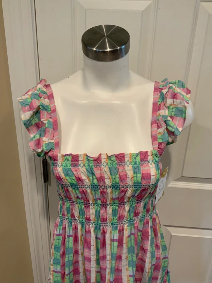 French Connection Pink & Green Plaid Patterned, Ruffle Strap Dress, Size 2 - image 2 of 4