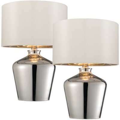 2er Pack moderne Spiegel Tischlampe Glanz Chrom Glas & Elfenbein Schirm Funktion Leuchte