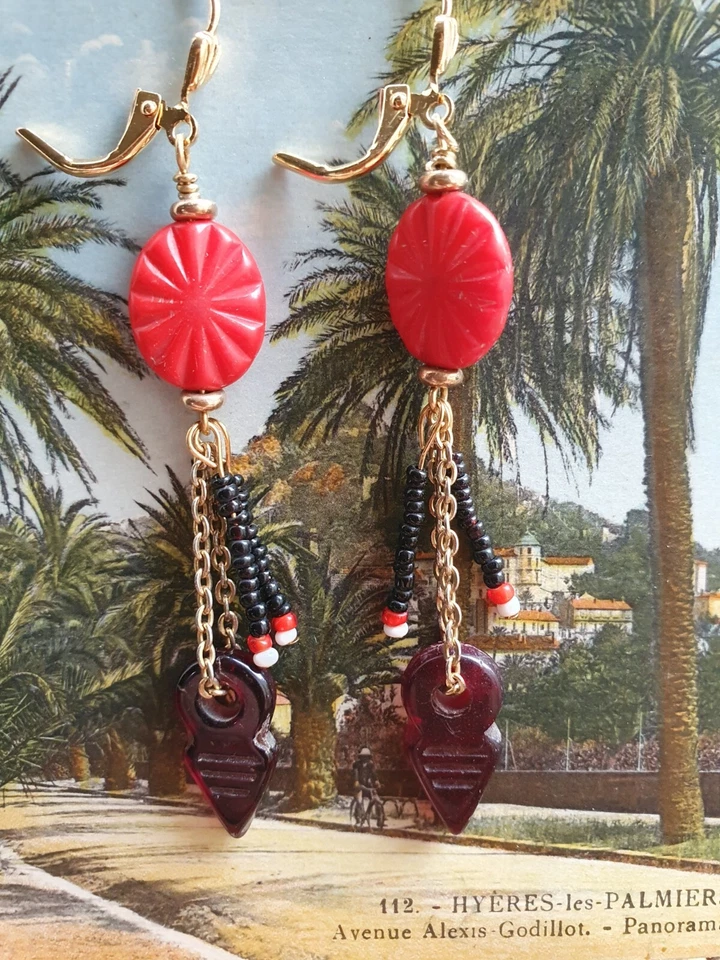 Unique EARRINGS Africa Trade red 'Sea Shell' beads long tassels vintage talisman - Image 3 of 4