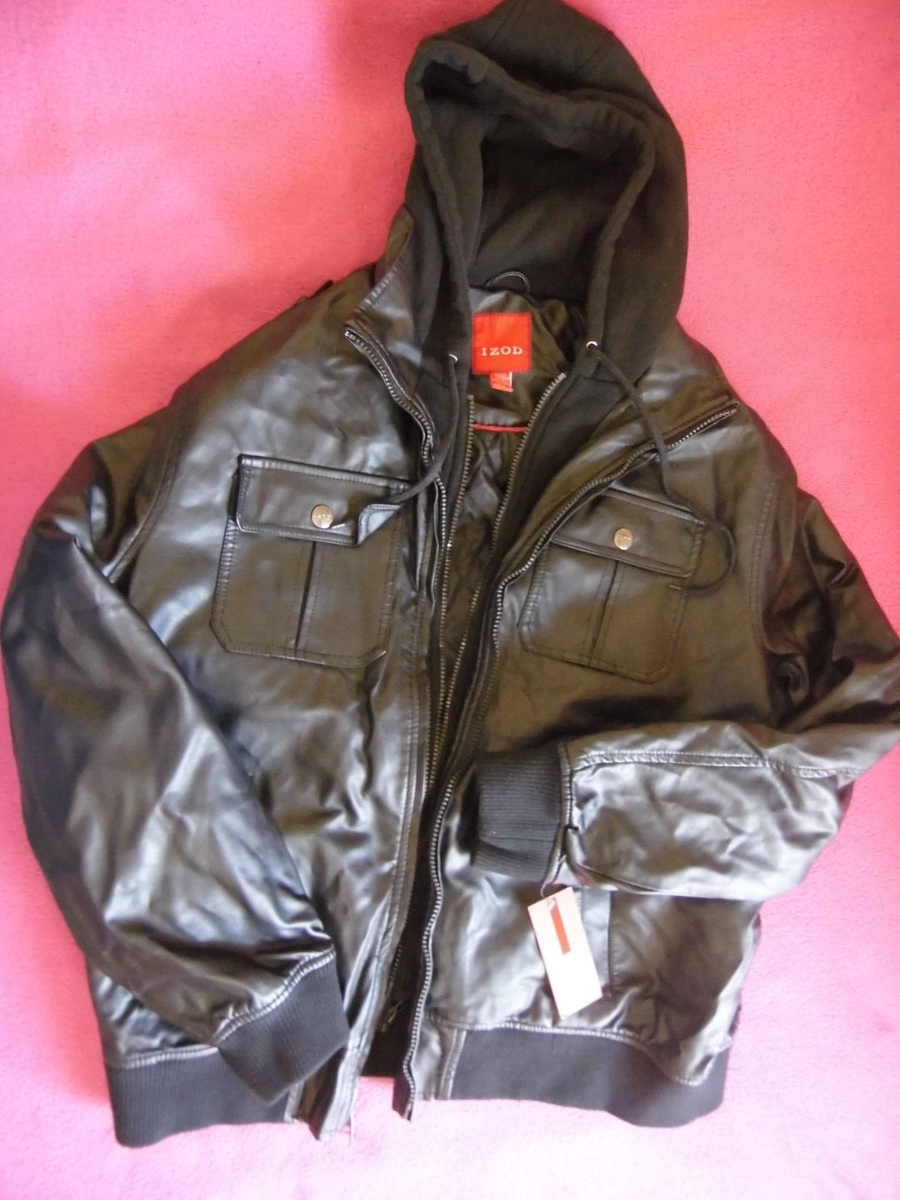 Izod Mens Faux Leather Hooded Jacket size L US