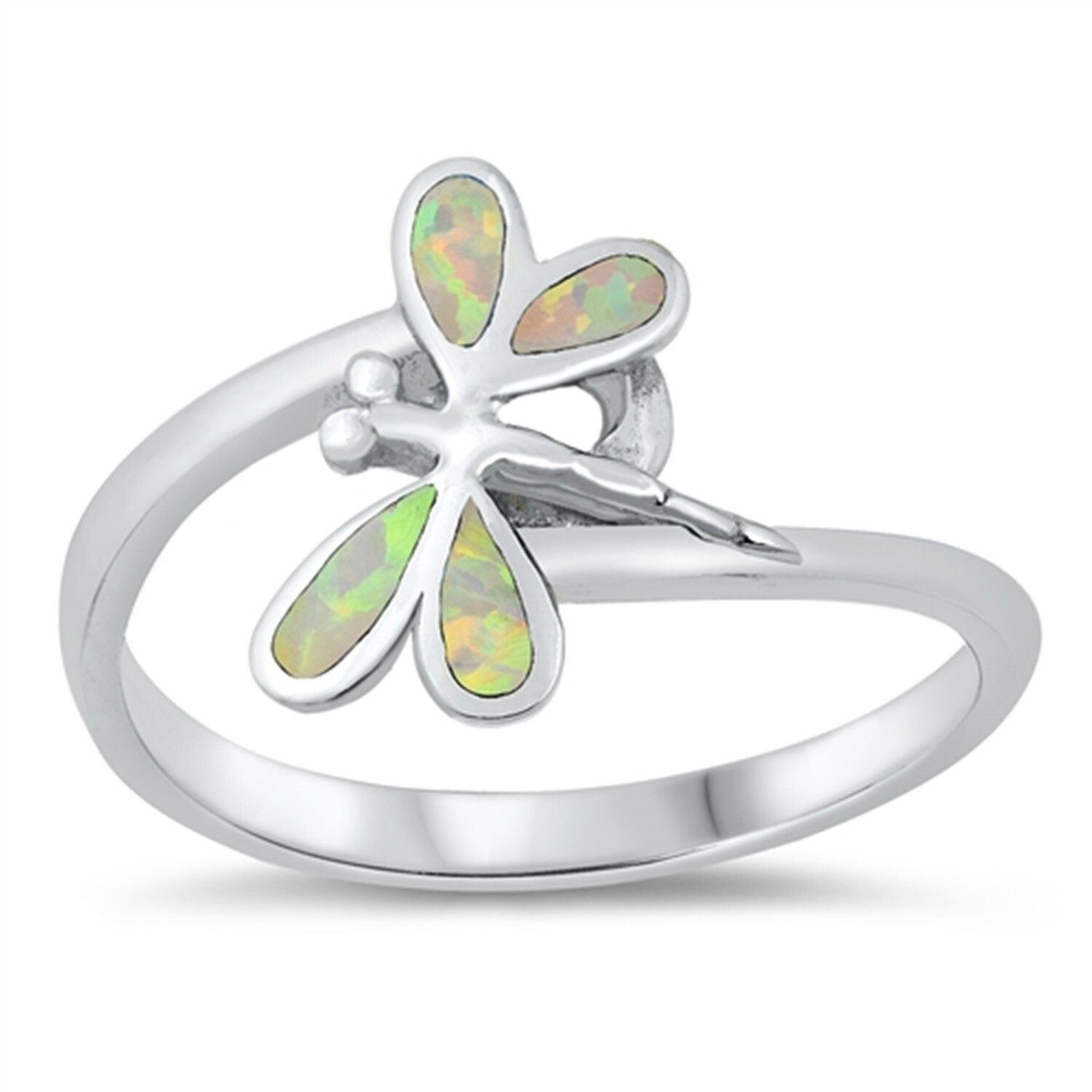 Sideway Dragonfly Ring Lab Created White Opal 925 Sterling Silver 13mm Size 5-10