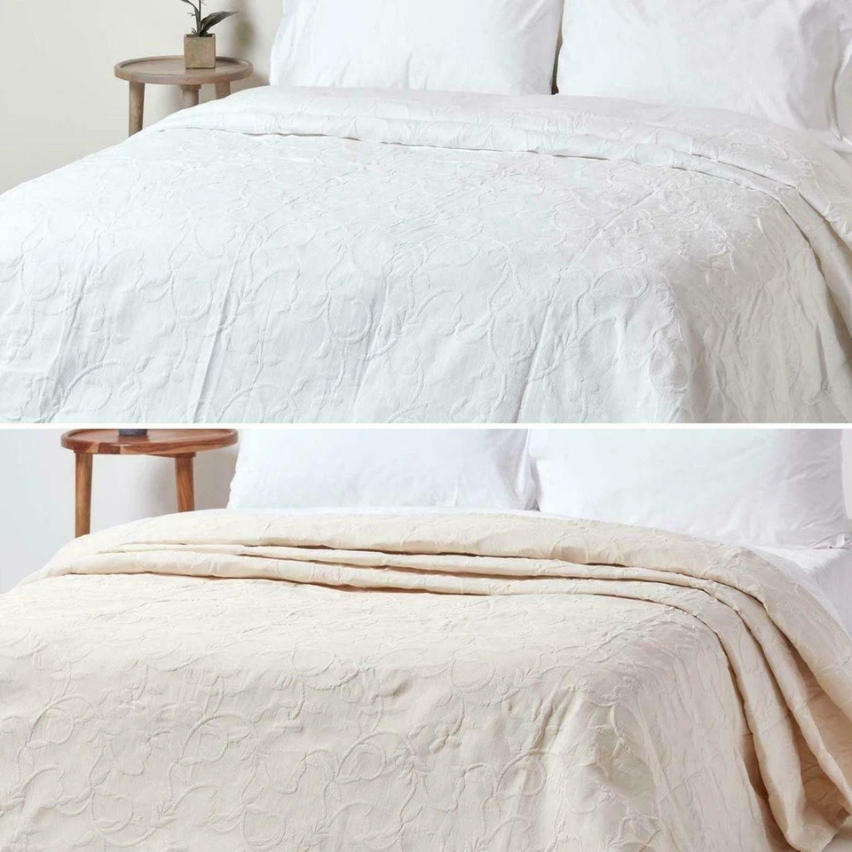 Luxury Bedding Cotton Rich Floral Pattern Matelassé Bedspreads Cream and White - Image 1 of 1