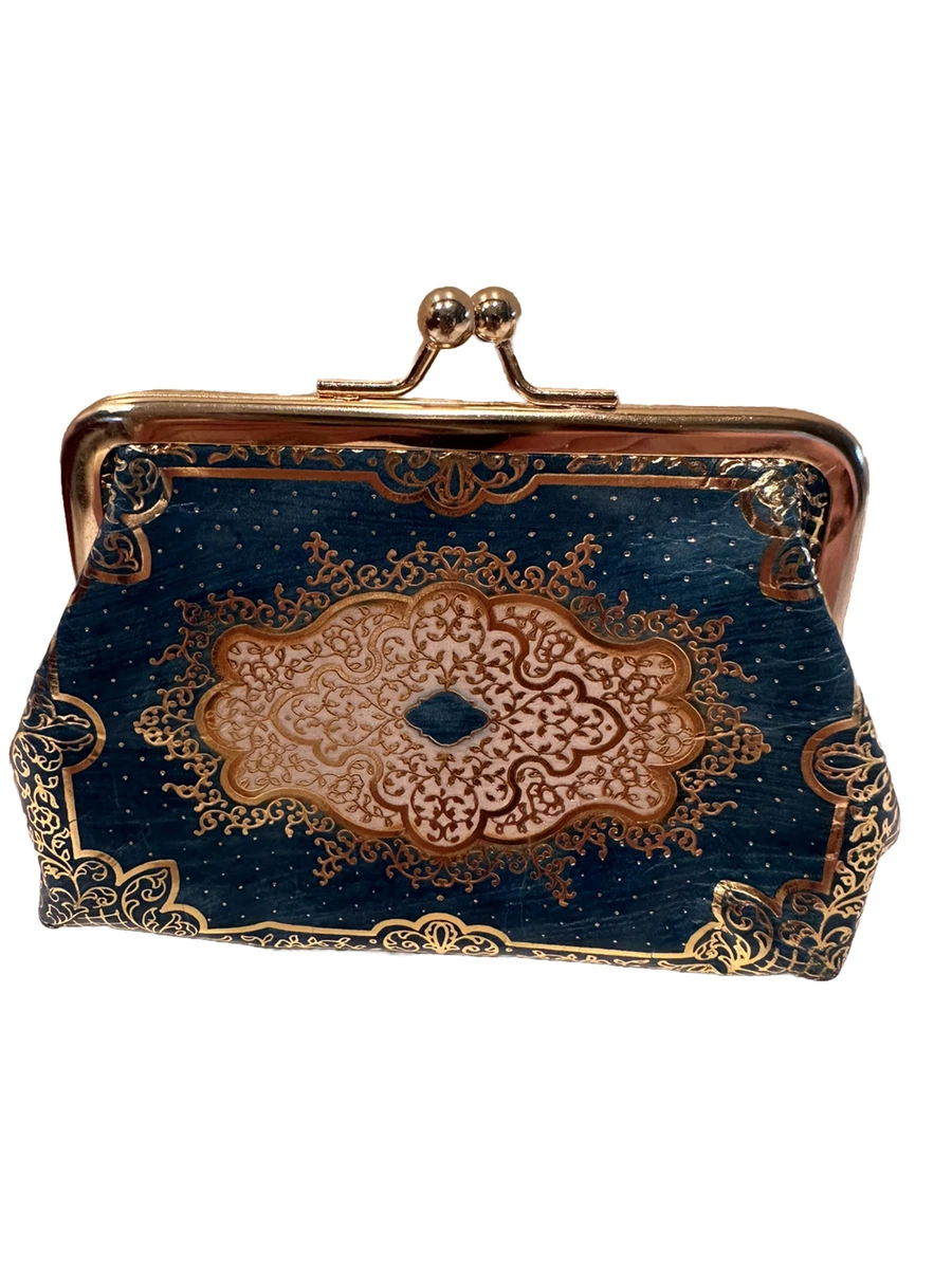 Vintage Tooled Embossed Leather Change Purse Kiss Clasp Coin Purse Mint B20